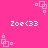 A bright pink background features repeating white pixelated text 'Zoe<33' and light pink square-based geometric patterns with small dots.