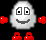 Pixelated character with white rounded body, gray eyes and mouth, red limbs on black background.