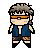 Pixel art character with brown hair, orange sunglasses, blue vest, black shorts with orange patterns, and black boots in four distinct poses.