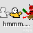 Pixelated animation of a red devil character with green horns and brown pants holding two green objects, alternating between white ghost figures in yellow shirts on a light gray background.