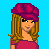 Pixel art of a female character with brown hair wearing a maroon beret, crop top, and gray jeans against a bright blue background.