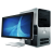 Pixelated desktop computer with monitor displaying blue gradient and light streak, silver and black casing, gray background.
