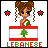 Pixel art contact sheet showing two frames of an animated AIM buddy icon featuring a cartoon girl with brown braided hair, blue eyes, and silver earrings standing behind a red-and-white flag-like banner with a green cedar tree symbol and "LEBANESE" text below.