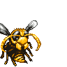 Pixel art of a hornet with yellow and black stripes, large eyes, antennae, wings, and legs against a gray background.