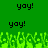 Green background with four black 'yoy!' texts and a pixelated green grass-like pattern at the bottom.