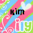 Pixelated image with pink, green, and blue diagonal stripes; white hearts and swirls on background; black text "Kim" above large white-outlined letters "iOY".