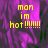 Yellow text 'man im hot !!!!!!!' on a purple and green pixelated background with a gray rectangular overlay on the right side.
