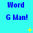 Blue text on cyan background with yellow starbursts; 'Word' and 'G Man!' repeated in pattern, some frames show animated sparkles