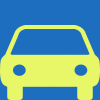 Yellow car silhouette with blue headlights and windshield on solid blue background.