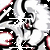 Pixelated white and red abstract shapes with black outlines on a dark background, featuring repeated curved forms and small circular accents.