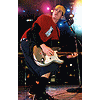 A person in a red shirt and yellow cap plays an electric guitar on stage with pink and blue lights, then looks up while text appears below.