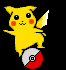 Yellow cartoon character with red cheeks and black eyes stands on a red-and-white spherical object against a black background.
