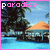 Pixelated tropical scene with orange-roofed pavilion over water, palm trees, and pink 'paradise' text at top left.