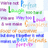 Pixelated static image of multiple colored text fragments in various fonts and sizes on a white background.