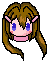 Pixel art character with brown hair, pink ears, and blue eyes in various expressions on gray background.