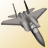 Static pixelated icon of a gray military jet aircraft in flight against a light beige background.