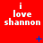 Red background with repeated white text "i love shannon" in three , blue pixelated star and plus symbols scattered across the image