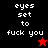Four display pixelated text 'eyes set to fuck you' with star symbols on black and red backgrounds