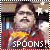 identical cartoon-style character images with mustache, red plaid shirt, and yellow object in hand, each labeled 'SPOONS!' at bottom