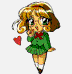Three pixelated anime-style characters with distinct hair colors and outfits, each holding or near a red heart symbol.