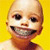 Pixelated image of a bald child with wide eyes and a broad, toothy grin against a solid yellow background.
