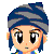 Pixel art character with dark blue hair and gray headwrap showing multiple facial expressions in a