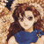 Pixelated image of a person with brown curly hair wearing a blue top against a light brown textured background with a dark shape in the upper left.