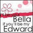 A static icon with a white background featuring pink floral and circular patterns, red horizontal stripe, and text reading "Bella You'll Be My Edward" in black.