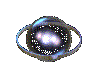 A spherical object with a dark blue reflective surface and white speckles, surrounded by rotating rings that change configuration across frames.