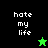 A split-screen image with four quadrants displaying 'hate my life' text and star symbols on black and green backgrounds.