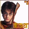 Pixelated image of a person with dark brown hair and glasses, wearing red and gold clothing, holding a wooden broomstick over the shoulder against white background.