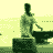 Animated sequence of a person in light clothing performing actions with dark rectangular objects against a pale green background.