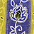 A pixelated static image shows a stylized flower with a yellow center and white petals on a blue background, bordered by a yellow frame.