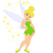Animated pixel art of a blonde fairy in green dress with translucent wings, surrounded by yellow sparkles and changing text.