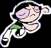 Animated cartoon character with black hair, green shirt, white pants, and pink eye patches in various poses.
