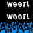 Pixelated text 'WOOT!' in white on black background with blue pixelated shapes below, animated with subtle text flicker.