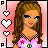 Animated contact sheet of a cartoon woman with long brown hair in a pink top, showing facial expression changes across 16 frames with heart borders and text overlays on red backgrounds.