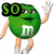 Green M&M character with white 'M' logo, waving hand, beige limbs, gray shoes; text overlays change from SO to HOT across frames.