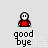 Pixelated character in red shirt with white skull face, transitioning through multiple states including waving hand and head movements above 'good bye' text.