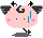 Pixelated pink circular character with black spiral hair, blue vertical lines on cheeks, and small black eyes; left side shows one leg raised while right side shows both legs down.