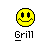 Yellow pixelated smiley face with black eyes and mouth, some versions showing teeth or a red tongue, all labeled 'Grill' below on gray background.