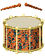 Animated drum set with patterned shell, golden hardware, and two brown drumsticks in various positions across frames.