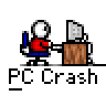 Animated contact sheet showing 15 sequential frames of a pixel art character interacting with a computer desk, progressing from normal use to system crash and recovery.
