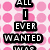 Pink polka-dot background with black text blocks reading 'ALL I EVER WANTED', 'MY TWO FRONT TEETH!!!', and 'UGH!' in pixelated font.