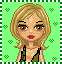 Pixelated avatar of a blonde woman with brown eyes, red lips, and pink blush on cheeks against green background with heart patterns.