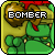 Animated pixel art of a green character with brown hair holding a bomb, text "BOMBER" above in white block letters on yellow background.