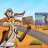 Pixelated outdoor scene with two figures, one holding a long object against an orange-brown landscape under blue sky.