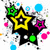 Animated icon with yellow stars, green and pink smaller stars, and blue/pink dots on white background with black splatter effects.