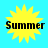 Four identical yellow sunburst icons with black text reading 'Summer' on a bright blue background, arranged in a