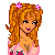 Pixel art contact sheet showing three frames of an animated icon featuring a blonde character with pink flowers in hair, wearing a crop top and jeans, with visible text elements.